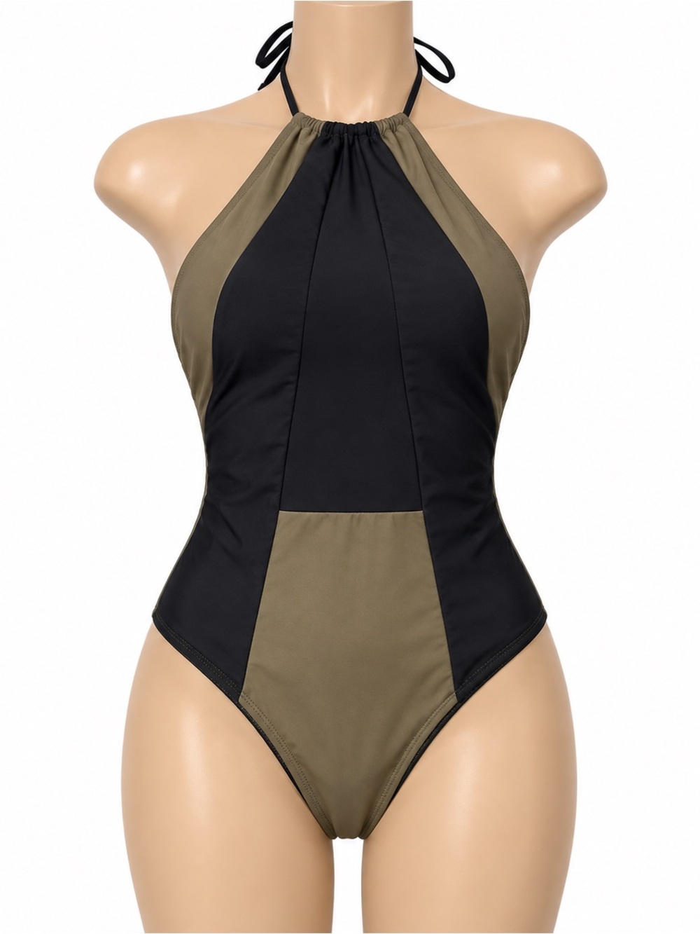 CUPSHE Women’s Large One Piece Swimsuit Black Olive Green Halter Colorblock NWT